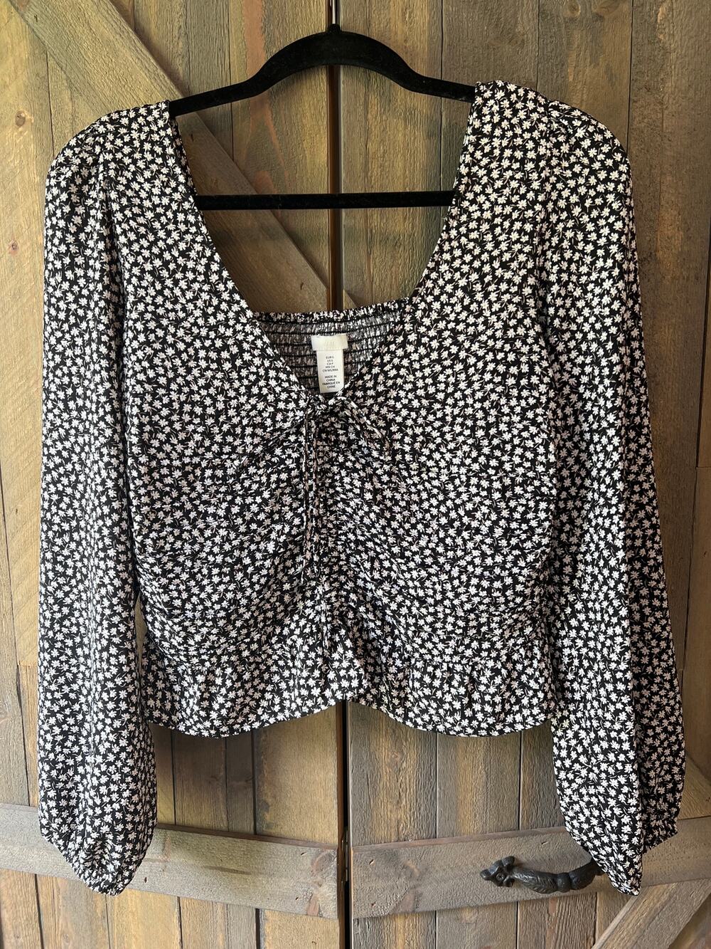 H&M Black Floral Long Sleeve Draped Blouse